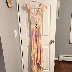 Tiare Hawaii Pastel Tie-Dye High-Low Maxi Dress in Yellow, Pink & Lavender